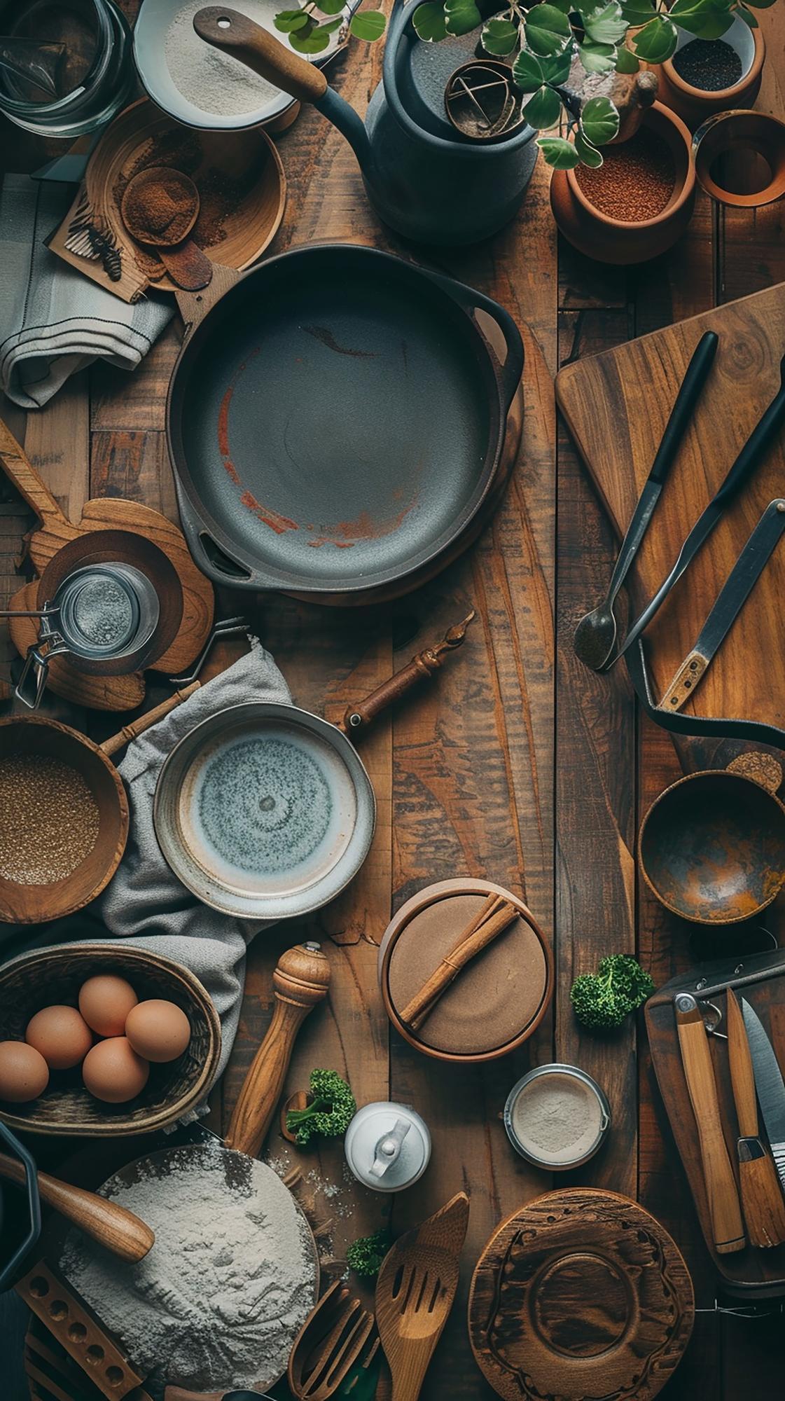 stół warsztatowy z naczyniami